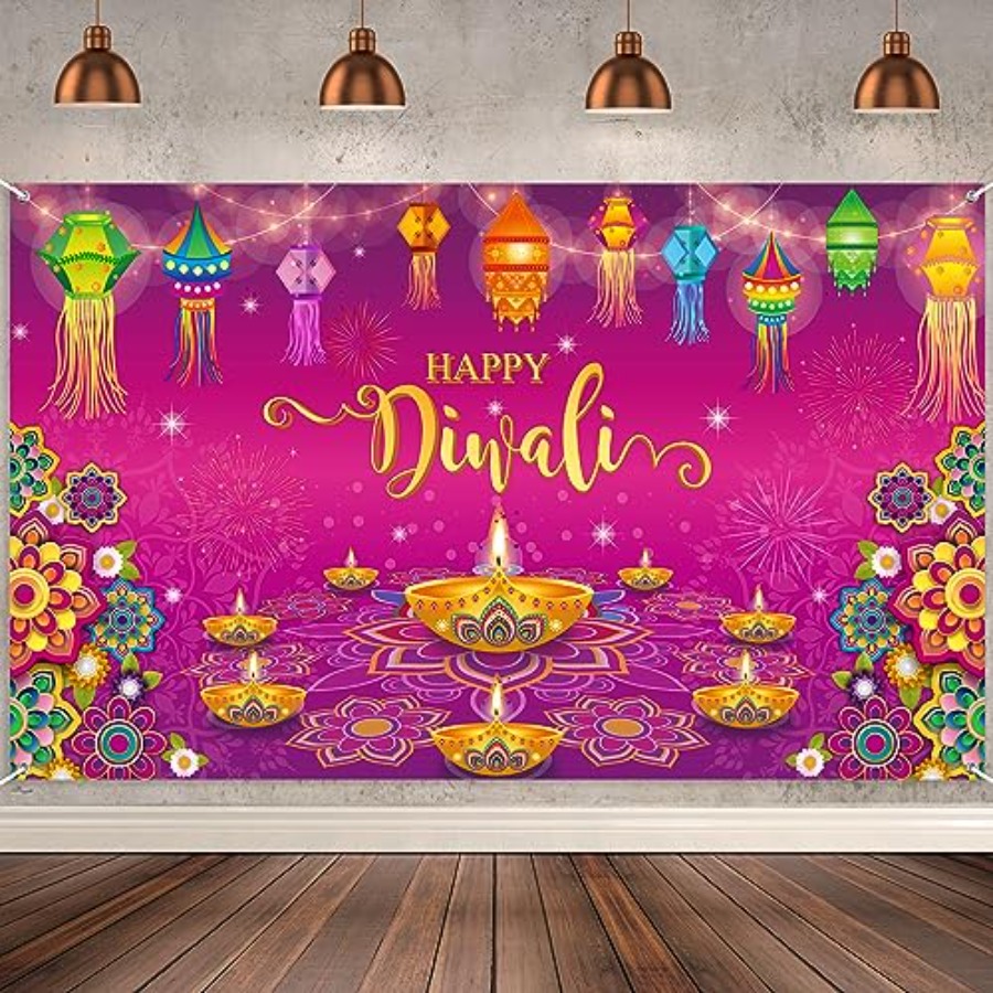 Lighting Decoration For Diwali - ハッピーディワリ背景幕バナー装飾、家の壁掛け用、インドのディワリ写真撮影用小道具背景バナー、ライトセリング用