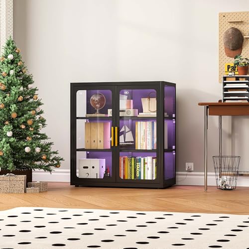 Lighting & Home Decor Studio - ガラス扉とRGBライト付きのコレクション用ディスプレイキャビネット | 34インチのキュリオキャビネット、調節可能な棚2枚付き
