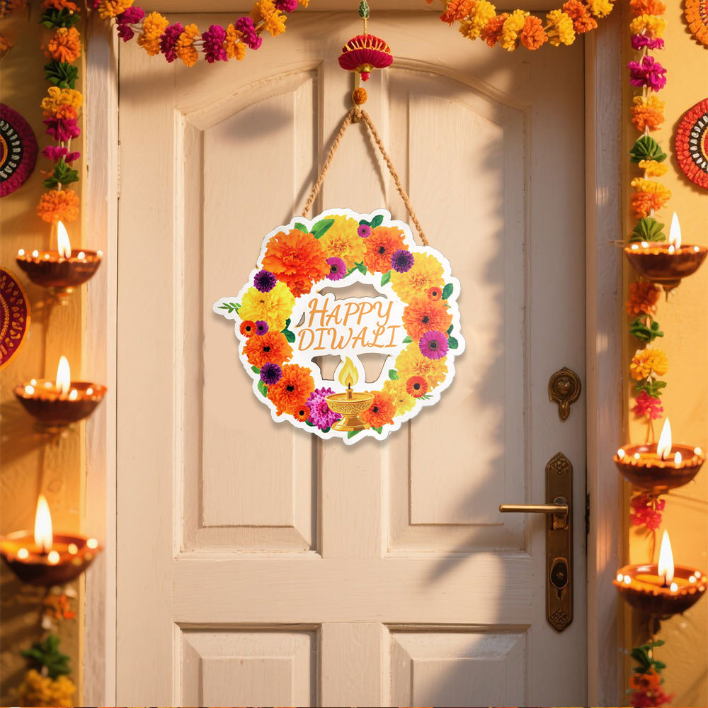 Lighting Decoration For Diwali - 蓮と孔雀のディワリ装飾 - 木製プラークキャンドルランプ - マリーゴールドドアハンガー -