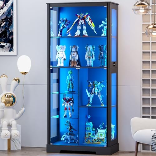 Lighting & Home Decor Studio - 71インチディスプレイキャビネット、5段、3色ライト付き、コレクション用、ブラック | 取り外し可能なガラス棚付きキュリオキャビネット