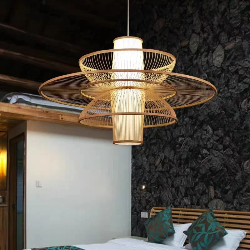 Japanese Lighting Decor - 田舎の手作り竹織り籐アートシャンデリアティールームホームステイレストラン寝室日本のペンダントランプ家の装飾ライト
