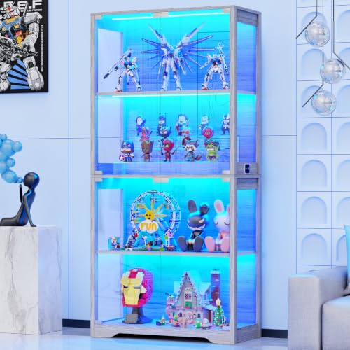 Lighting & Home Decor Studio - ガラス扉付きディスプレイキャビネット、4段ディスプレイケース、ブラック | 3色のライトが付いたコレクション用キュリオキャビネット