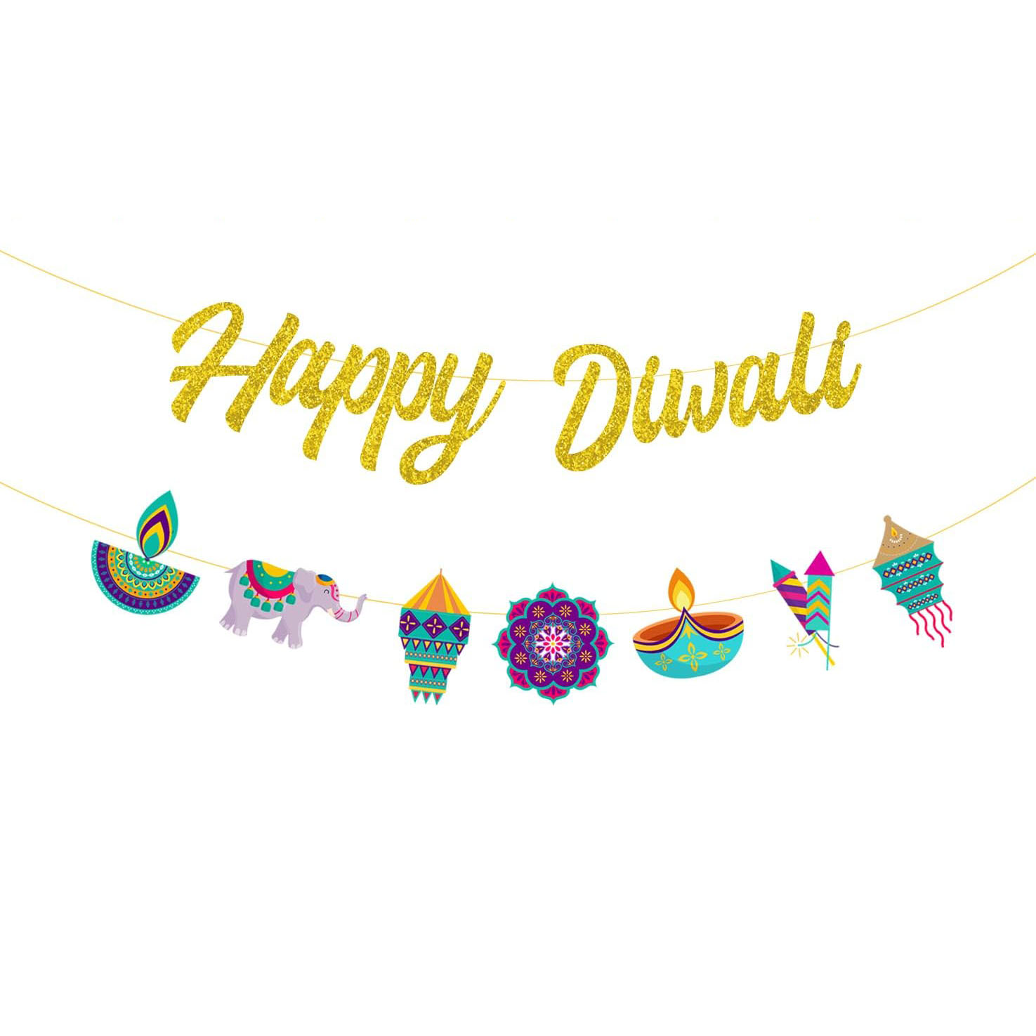 Lighting Decoration For Diwali - ディワリパーティーの飾り付け、ハッピーディワリゴールドグリッターバナー、インドの光の祭りをテーマにしたヒンドゥー教のパーティー装飾用ガーランド