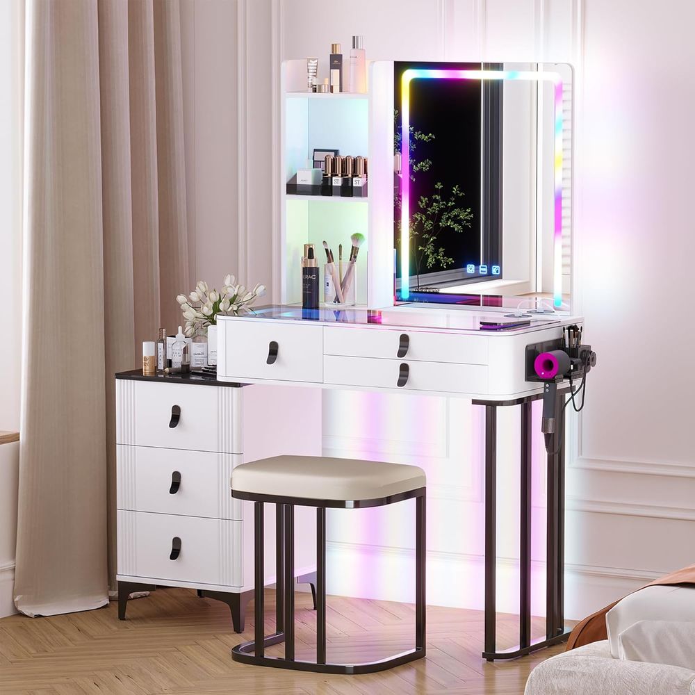Furniture Lighting & Decor Magazine - Gurexl RGB バニティデスク ワイヤレス充電ステーション付き、ライトとミラー付きバニティテーブル、7色と7色の静電調光可能なバニティセット（米国仕様）