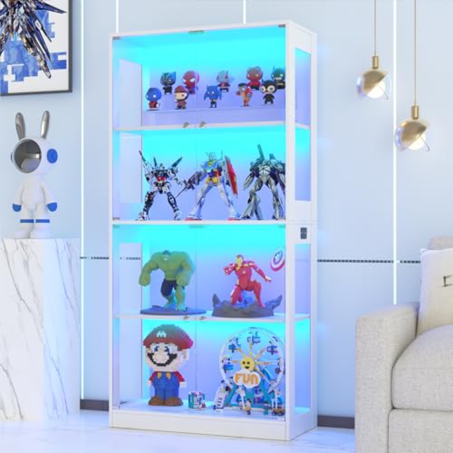 Lighting & Home Decor Studio - 65インチガラス扉付きディスプレイキャビネット、4段ディスプレイケース | 人体センサー、3色LED照明、キュリオキャビネット用
