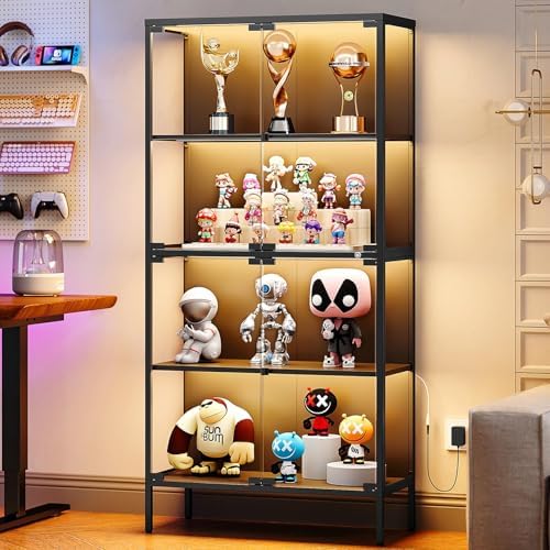 Lighting & Home Decor Studio - 65インチガラスディスプレイキャビネット、3色LEDライト付き、4つの強化ガラス扉と棚付きディスプレイケース、金属フレーム