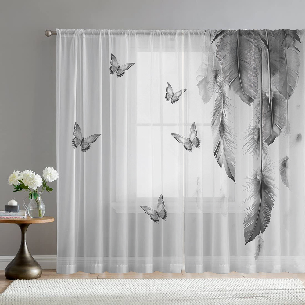Fairy Light Curtain - 2枚組デジタルプリントシアーカーテン、羽根蝶の軽やかな舞い模様、幻想的で上品なおとぎ話のような夢のようなスタイルの装飾