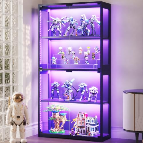 Lighting & Home Decor Studio - ガラス扉とRGB LEDライト付きディスプレイケース、ガラス製ディスプレイキャビネット | 4段ディスプレイ棚収納キャビネット