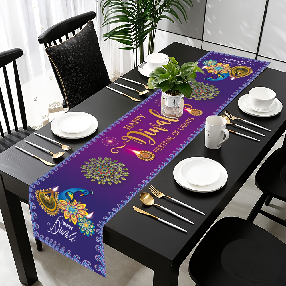 Lighting Decoration For Diwali - ハッピーディワリ祭りの光の祭典 リネン製テーブルランナー ホリデーパーティーデコレーション 再利用可能なキッチン/ダイニングテーブルランナー ディワリデコレーション