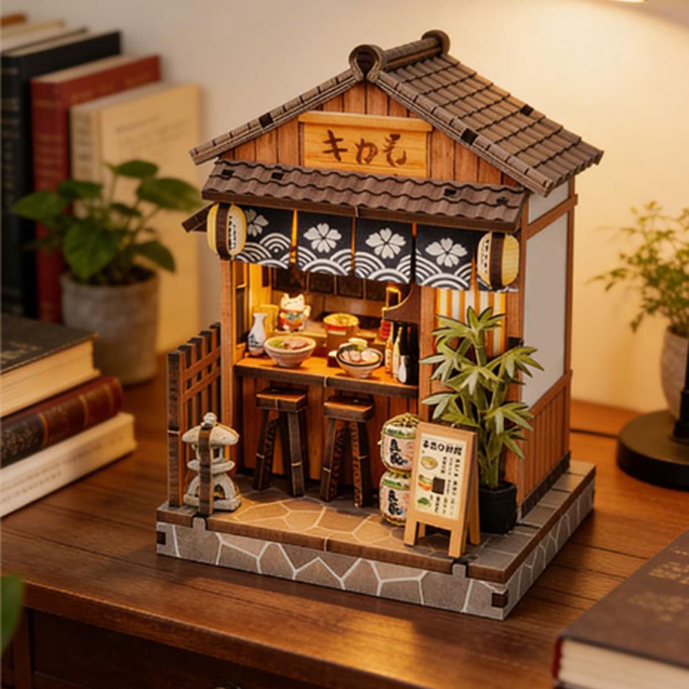Japanese Lighting Decor - DIY 木製日本酒場ミニチュアドールハウス LED ライト付き本棚付き友人への誕生日プレゼント家の装飾工芸品
