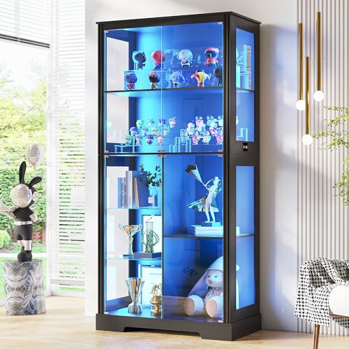 Lighting & Home Decor Studio - 71インチのガラス製ディスプレイキャビネット、コレクション用RGBライト付き - ブラック | 4mm強化ガラス扉、7段大型収納