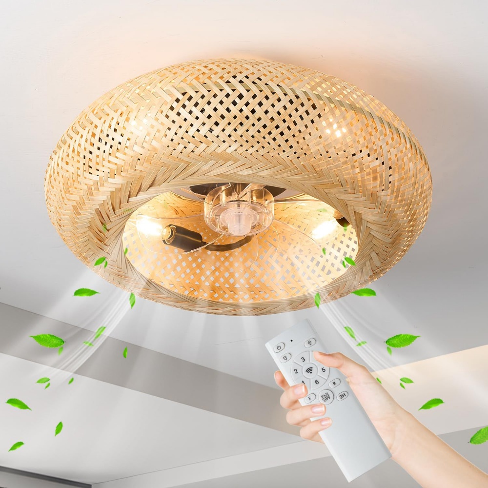 Decor Lighting Ceiling Fans - 竹製リモコン式シーリングファンランプ モダンな籐製手編みサイレントシーリングライト 寝室 リビング ホームデコレーション 通風ランプ