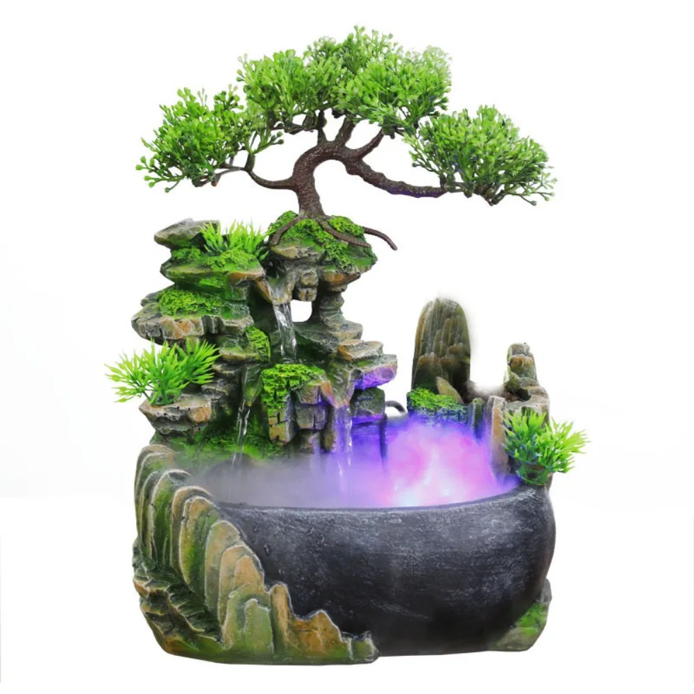 Lighting Decor Company - 富風水滝噴水 LEDライト付き、流れる水の卓上飾り、会社オフィスのテーブルトップ用、リラックスできる装飾品