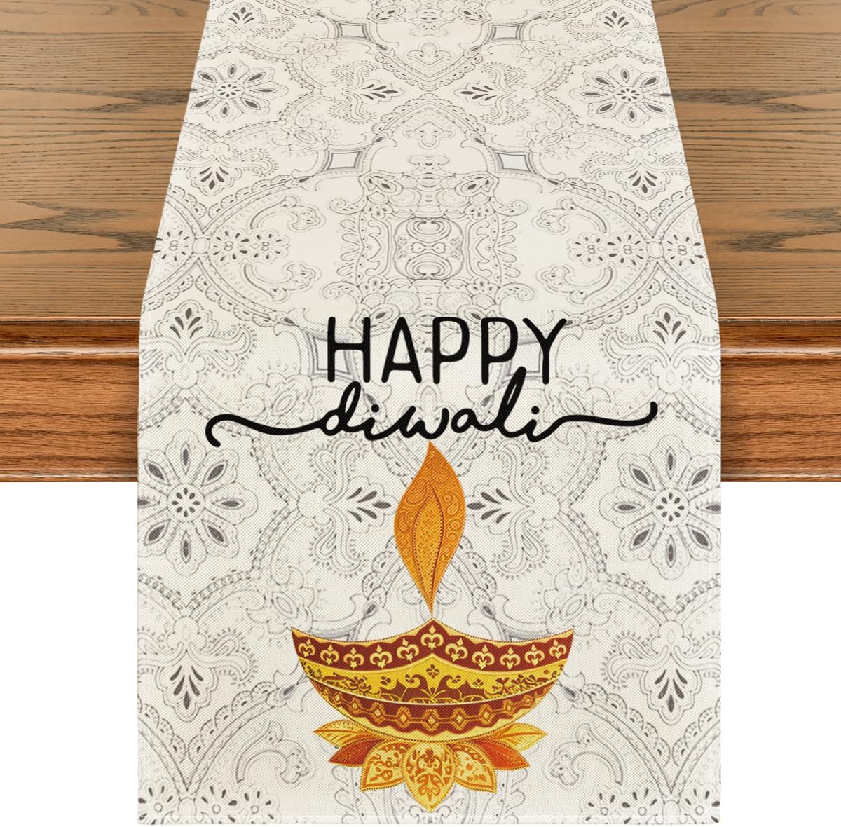 Lighting Decoration For Diwali - ハッピーディワリ インドの光の祭り リネン製テーブルランナー パーティーデコレーション 再利用可能なキッチン/ダイニングテーブルランナー ディワリデコレーション