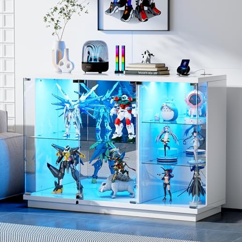 Lighting & Home Decor Studio - ロックとLEDライト付きガラスディスプレイキャビネット、モーションセンサーとガラス棚付き高光沢サイドボード、ガラス製飾り棚