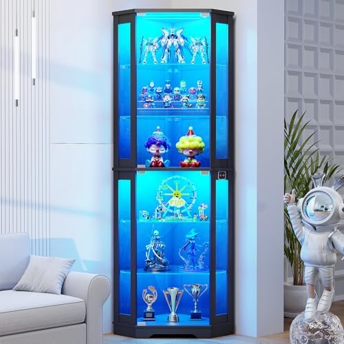 Lighting & Home Decor Studio - 71インチコーナーディスプレイキャビネット（ガラス扉付き）、6段キュリオキャビネット（3つのLEDライトとガラス棚付き）、人体センサー搭載