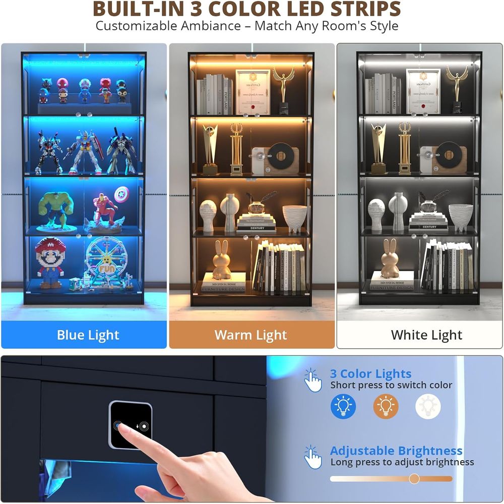 65ガラス扉ディスプレイキャビネット、センサー照明付き4段キ - Lighting & Home Decor Studio のレビューと価格
