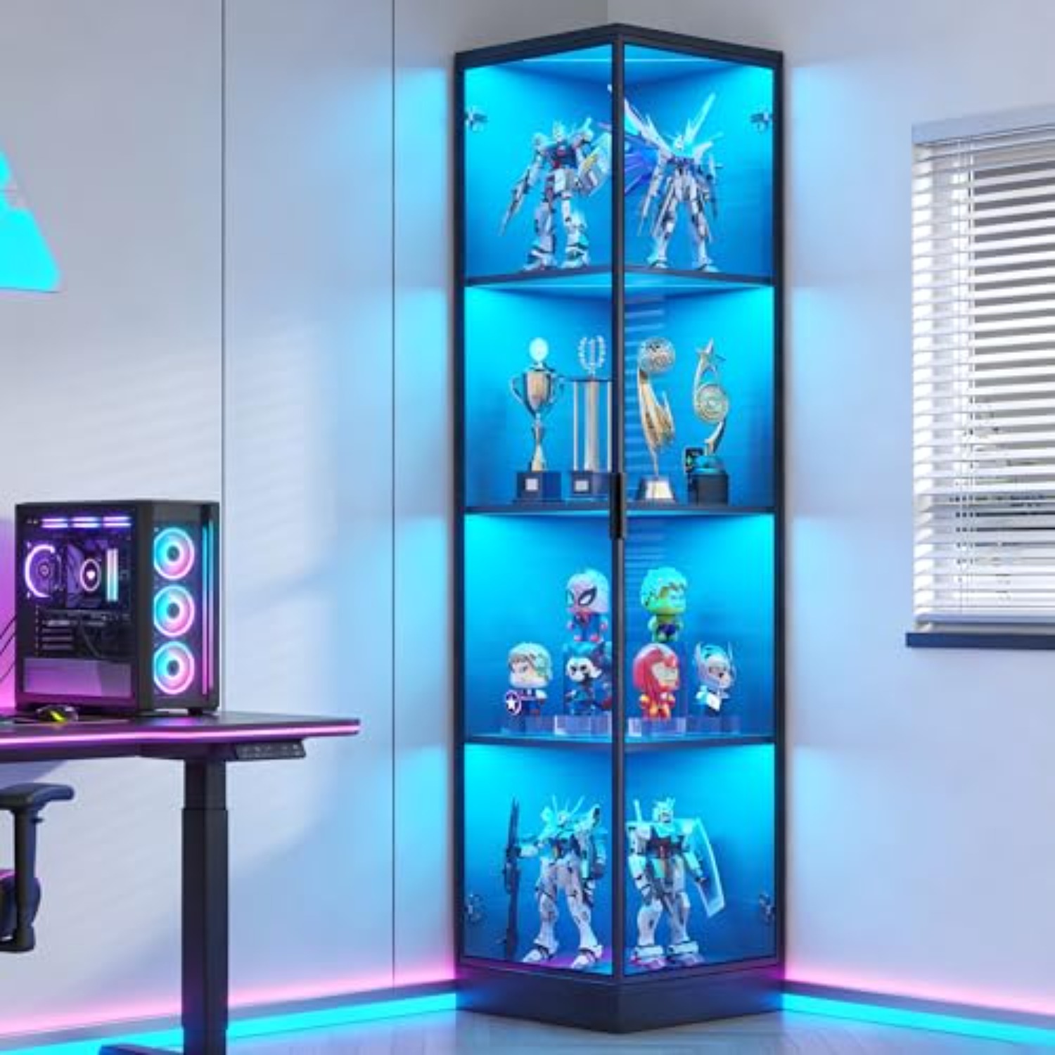 コーナーディスプレイキャビネット ドア付き、4段、3色ライト - Lighting & Home Decor Studio のレビューと価格