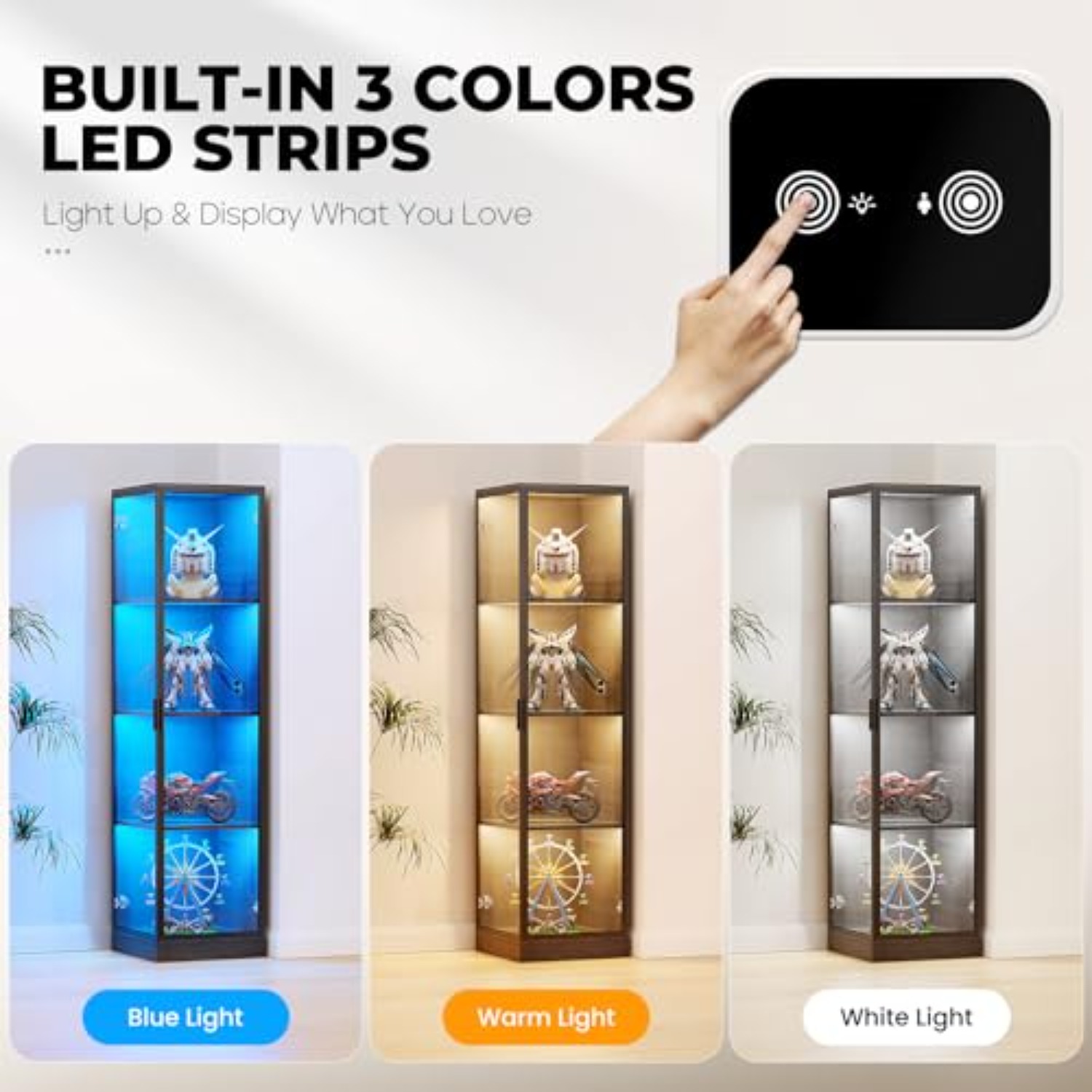コーナーディスプレイキャビネット ドア付き、4段、3色ライト - Lighting & Home Decor Studio のレビューと価格