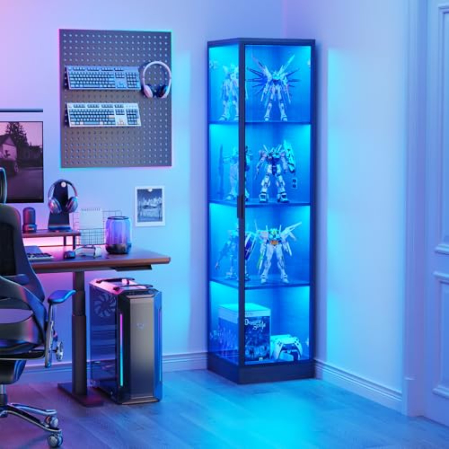コーナーディスプレイキャビネット ドア付き、4段、3色ライト - Lighting & Home Decor Studio のレビューと価格