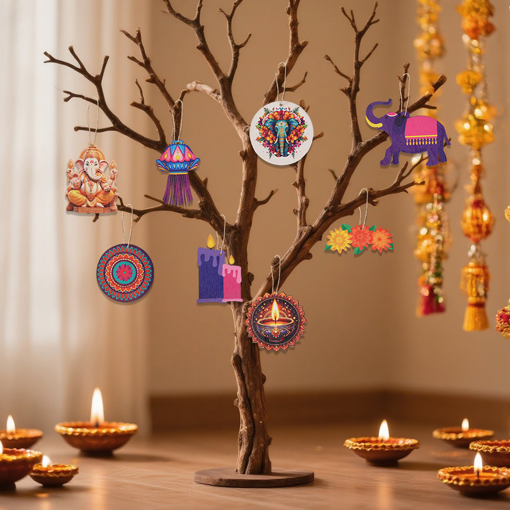 ディワリをテーマにした装飾 - 木製チップハンガー（象とキャ - Lighting Decoration For Diwali のレビューと価格