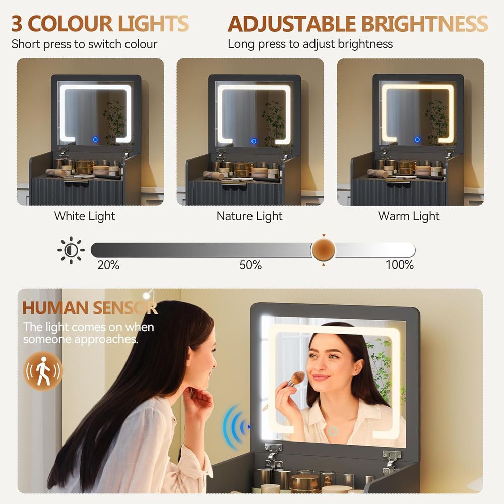 3-in-1グレーの化粧台（鏡、ライト、収納スツール付き）寝 - Furniture Lighting & Decor Magazine のレビューと価格