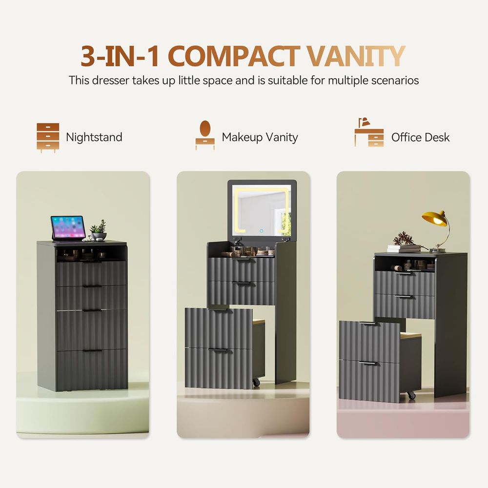 3-in-1グレーの化粧台（鏡、ライト、収納スツール付き）寝 - Furniture Lighting & Decor Magazine のレビューと価格