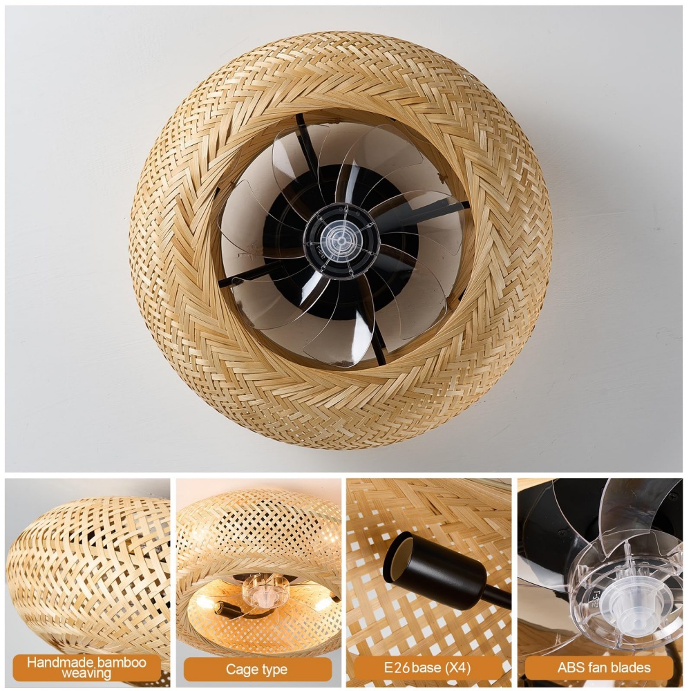 竹製リモコン式シーリングファンランプ モダンな籐製手編みサイ - Decor Lighting Ceiling Fans のレビューと価格